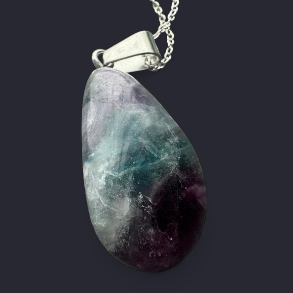 Fluorite Stone Pendant Sterling Silver Necklace - Picture 4 of 6